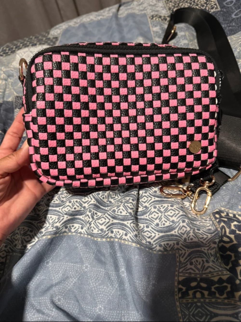 Pink & Black Checker Crossbody Bag with Gold Accents